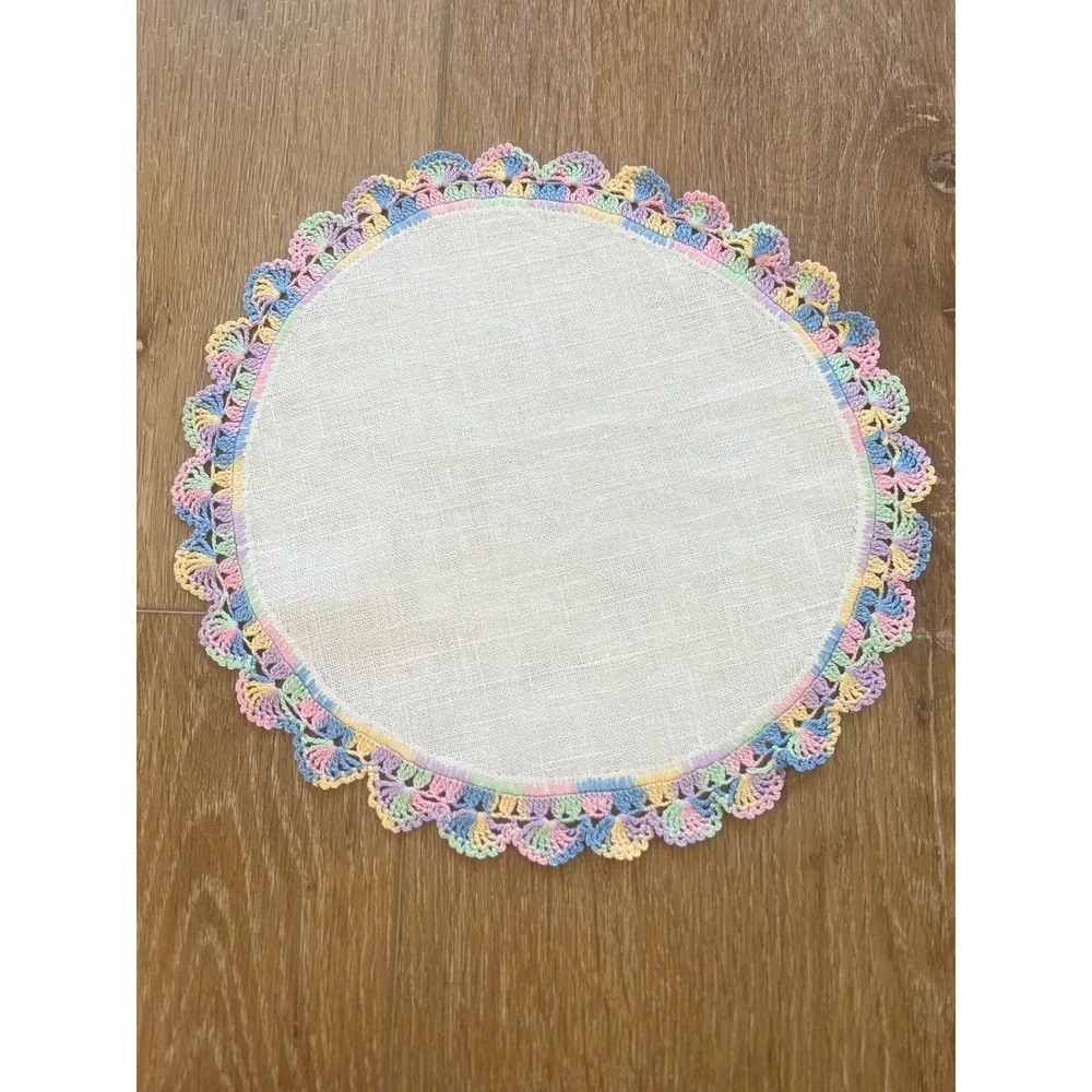 Vintage Linen Doilies Set of 3 Pastel Rainbow Crochet Lace Trim Scalloped Edge